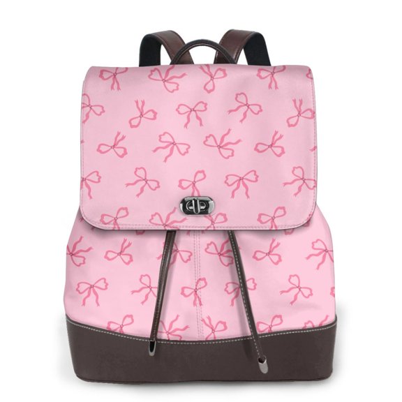 Xecao Pink Bows Print Large Backpack Soft Leather for Women Travel with Compartment, Adjustable Convertible Strap