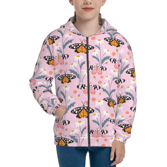 Xecao Pink Butterfly Daisy Pattern Zip Up Hoodies for Boys Girls, Sweatshirt with Pockets-Small