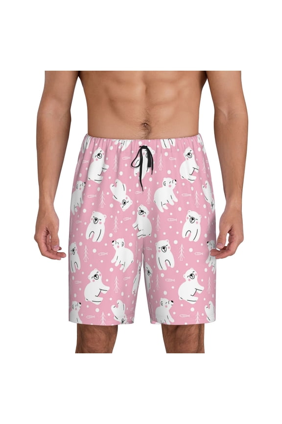 Pink Cartoon Bear Print Men's Sleepwear Shorts Pajama Bottom Lounge Short ,Nightwear with Convenient Pockets for Relaxed Home Wear-Large