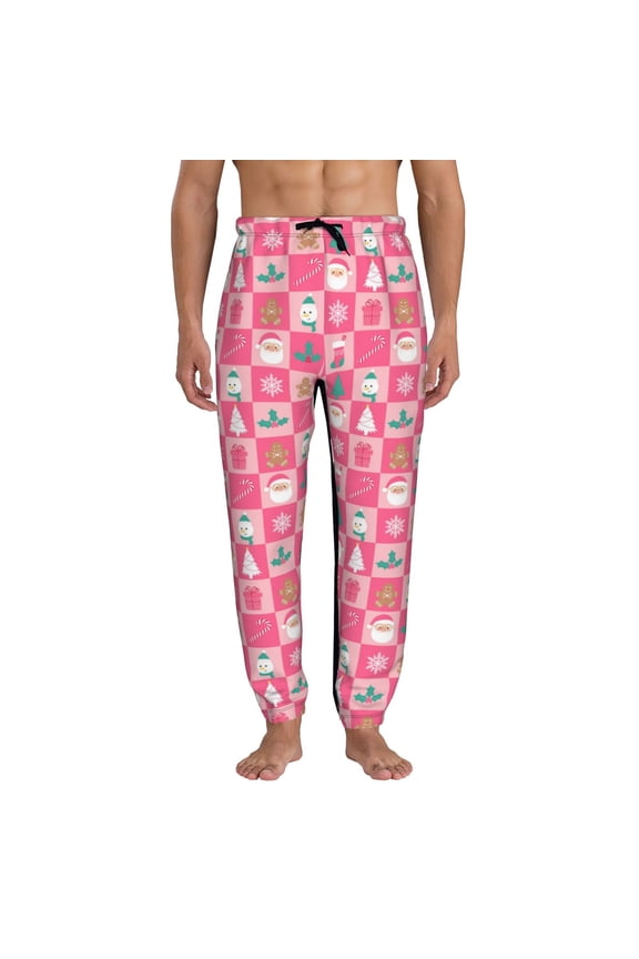 Pink Christmas Cheer Print Active Tech Joggers for Men, Mens Sweatpants Lounge Pants with Pockets-Large