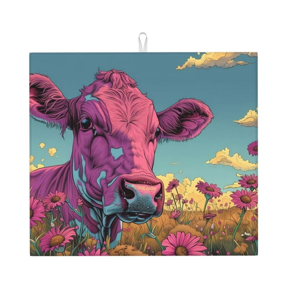 Xecao Pink Cow In Sunflower Field Print Dish Drying Mat for Kitchen Counter,Absorbent Coffee Bar Mat, Dish Drainer Rack Mats,Dining Room Decoration
