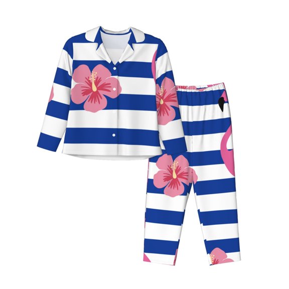 Xecao Pink Flamingo Print Women Pajamas Set Soft Sleepwear Pjs long Sleeve Button Down Nightwear with Long Pants