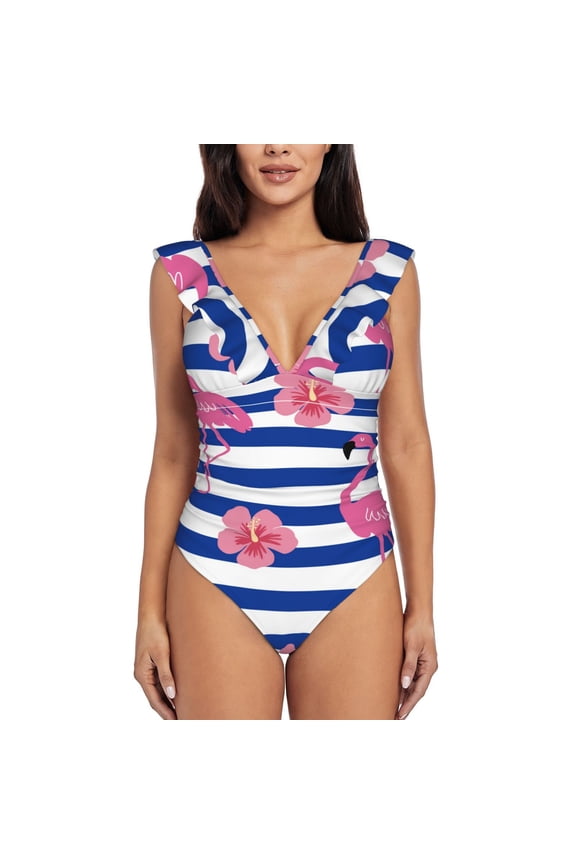 Pink Flamingo print Ruffle One-Piece Swimsuit for Women,for the Beach or Pool