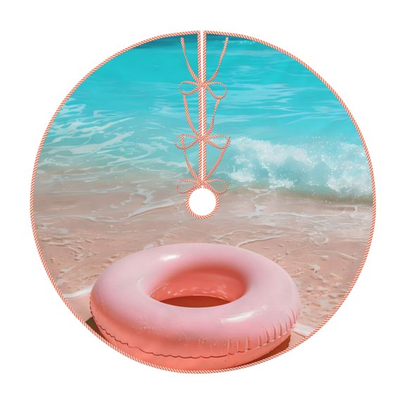 Xecao Pink Float Ring On Beach Pattern Christmas Tree Skirt Holiday Part Decorations for Christmas Tree, Farmhouse Christmas Decor Xmas Holiday Home Party Decorations-30"