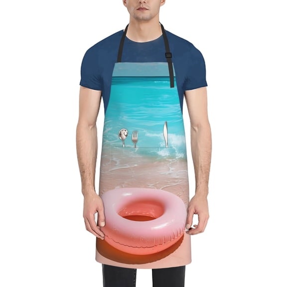 Xecao Pink Float Ring On Beach Print Kitchen Cooking Aprons, Waterproof Adjustable Bib Aprons with 2 Pockets for Women Men Chef