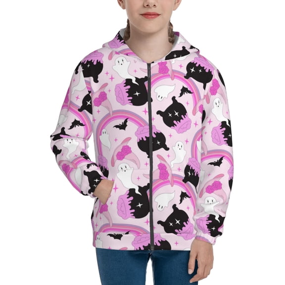 Xecao Pink Girl Halloween Pattern Zip Up Hoodies for Boys Girls, Sweatshirt with Pockets-Medium