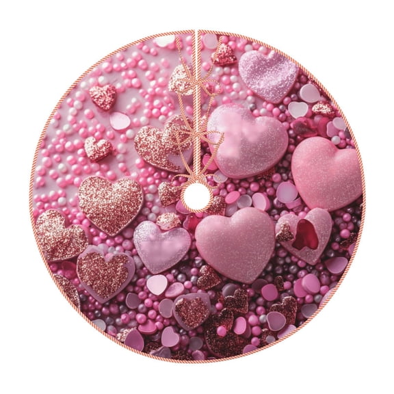 Xecao Pink Glitter Heart Candy Pattern Christmas Tree Skirt Round Xmas Tree Mat Base Cover for Holiday Home Decorations-36"