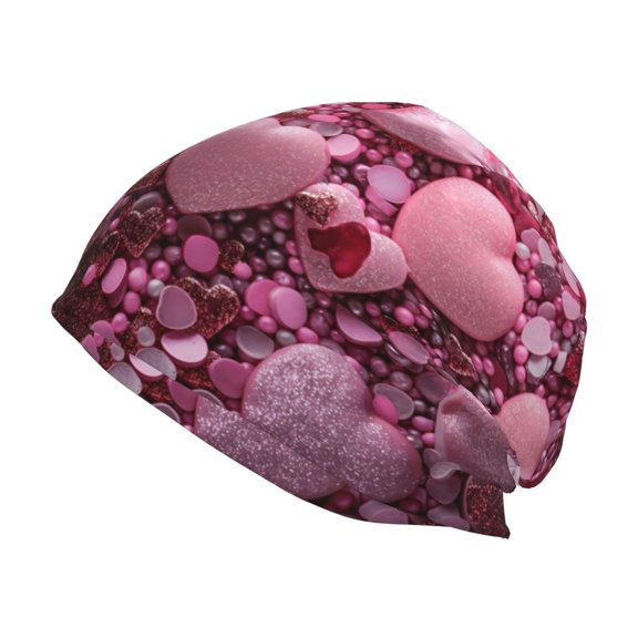 Xecao Pink Glitter Heart Candy Print Knit Hat,Winter Beanie for Men Women, Beanie Soft Warm Ski Stocking Cuffed Cap