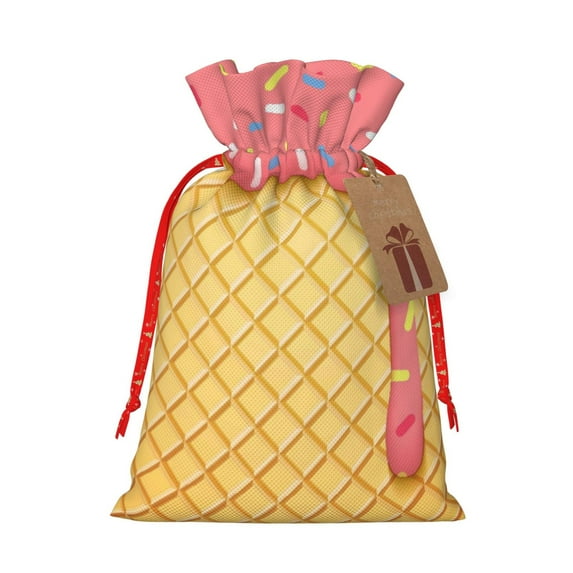 Xecao Pink Ice Cream Print Burlap Gift Bags with Drawstring and Gift Tags, Gift Bags, Burlap Bags, Jute Bags for Party, Christmas, DIY Craft Bags-Medium