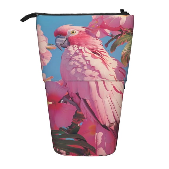 Xecao Pink Parrot Tropical Blossoms Print Telescopic Pencil Bag Pen Holder Pop Up Stationery Case Stand-up Retractable Transformer Bag Standing Organizer