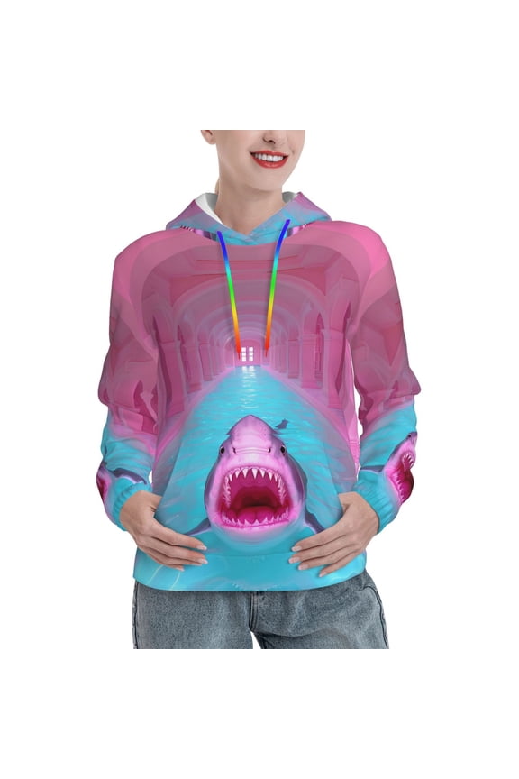 Pink Shark Pool Fantasy Pattern Hoodies for Women Sweatshirts Long Sleeve Sweatshirts Pullover Outfits with Pocket-Large