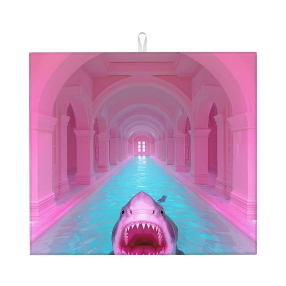 Xecao Pink Shark Pool Fantasy Print Dish Drying Mat for Kitchen Counter,Absorbent Coffee Bar Mat, Dish Drainer Rack Mats,Dining Room Decoration