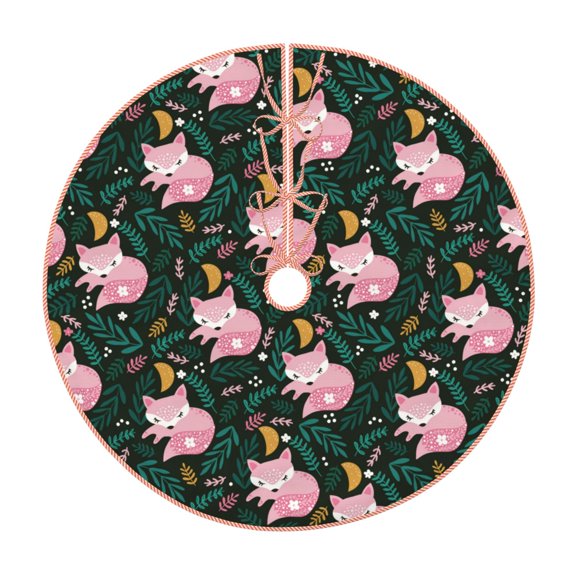 Xecao Pink Sleeping Fox Pattern Christmas Tree Skirt Round Xmas Tree Mat Base Cover for Holiday Home Decorations-30"