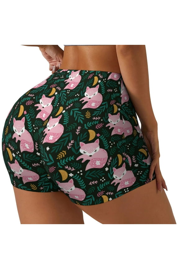 Pink Sleeping Fox Print Workout Shorts for Women Soft Smooth Gym Yoga Scrunch Active Tennis Workout Running Shorts-Medium