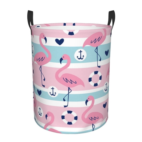 Xecao Pink Striped Flamingo Print Laundry Hamper Basket,designed for Blanket Storage and Nursery Clothes in the Bedroom