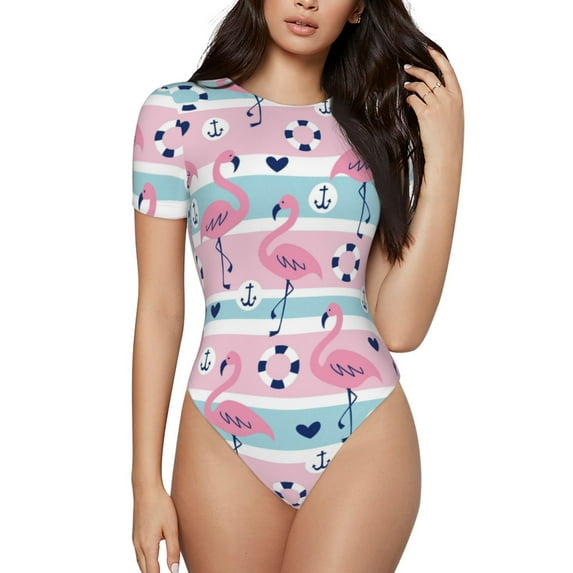 The Xecao Pink Striped Flamingo Women's Crew Neck Body Suit, a short-sleeved bodysuit and basic swimsuit, both comfort and style for dating and daily life