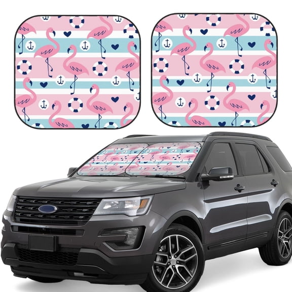 Xecao Pink Striped Flamingo for Foldable Car Sun Shades (2-Pack) offer sun protection with an easy-fold design for convenient windshield shading.