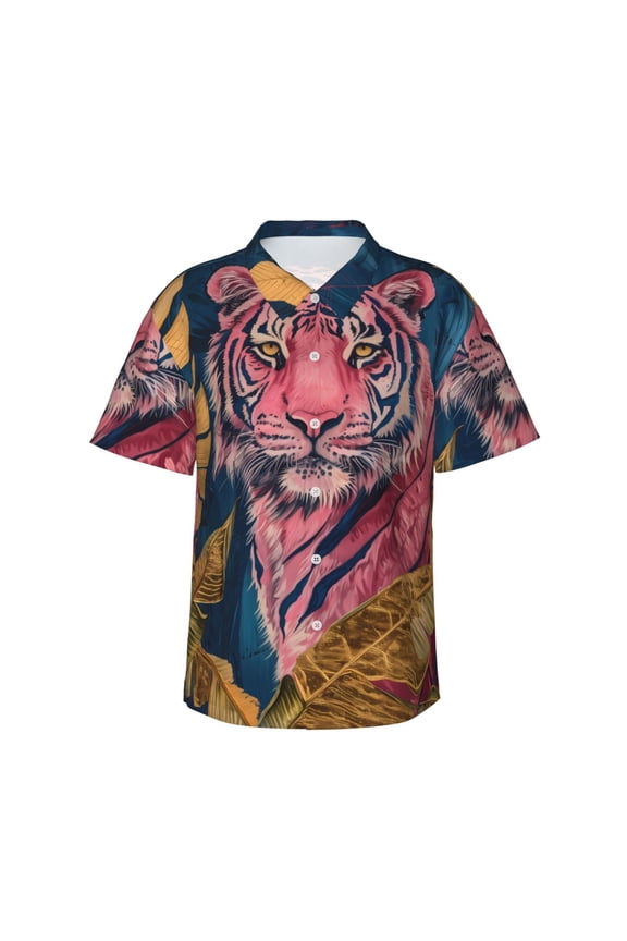 Pink Tiger Gold Leaves Print Hawaiian shirt - A Stylish Short-Sleeve Button-Down for Men, Perfect for Casual Beach and Tropical Outings.,Small