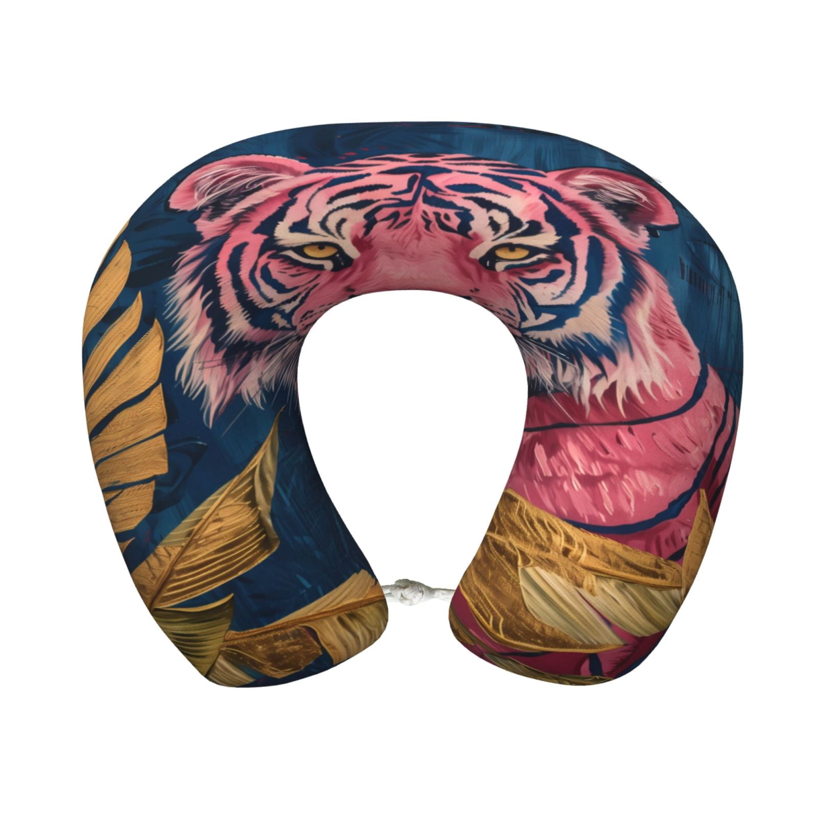 Xecao Pink Tiger Gold Leaves Print Memory Foam Cervical Neck Pillow Versatile U-Shaped Pillows for Home,Office,Camping,Travelling,Soft Washable Cover