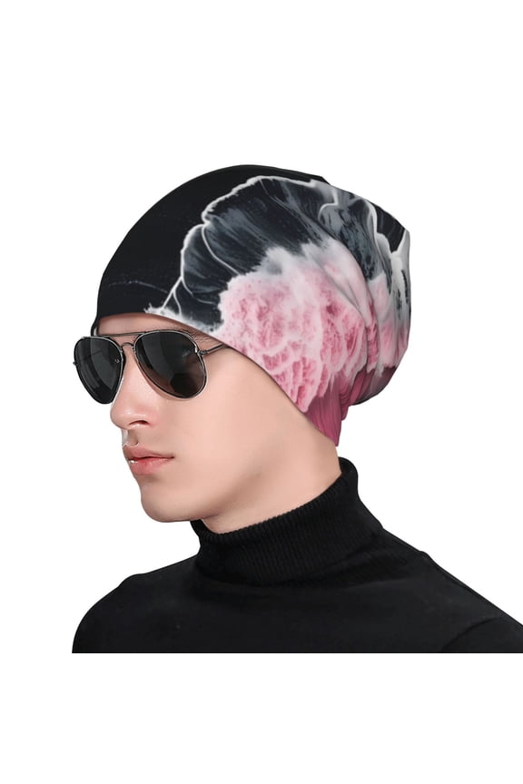 Pink White Ocean Waves Print Beanie Knitted Hat for Men Women, Winter Fashion Knit Cuffed Caps Unisex