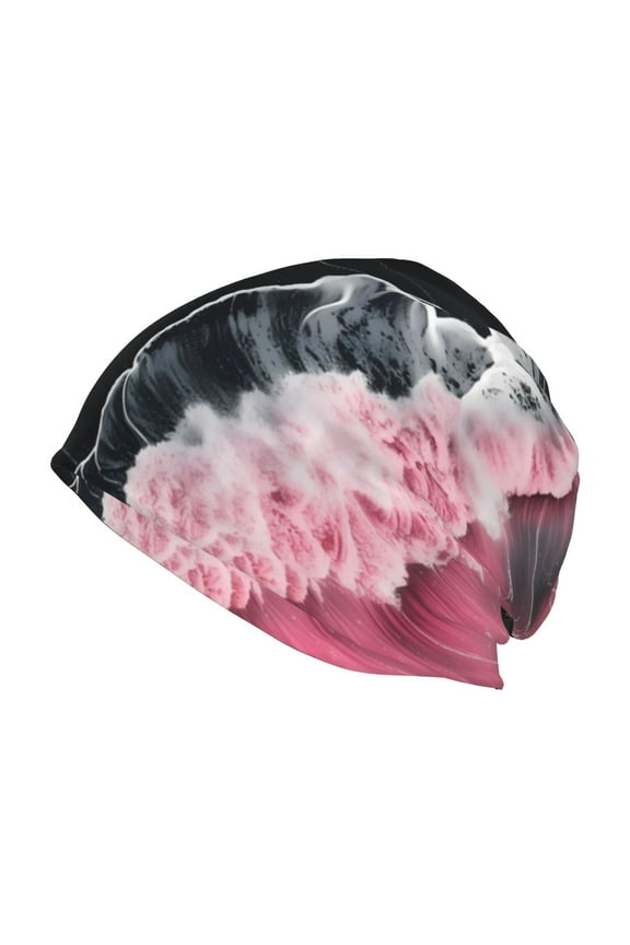 Pink White Ocean Waves Print Knit Hat,Winter Beanie for Men Women, Beanie Soft Warm Ski Stocking Cuffed Cap