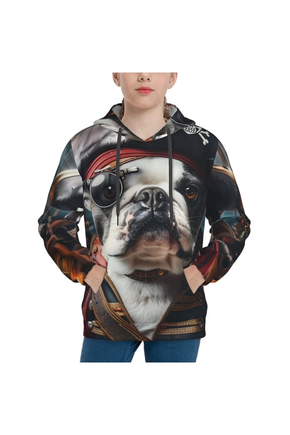 Pirate Bulldog On Deck Print Youth Hoodie Sweatshirt,Boys Hoodies,Essentials Hoodie-Small