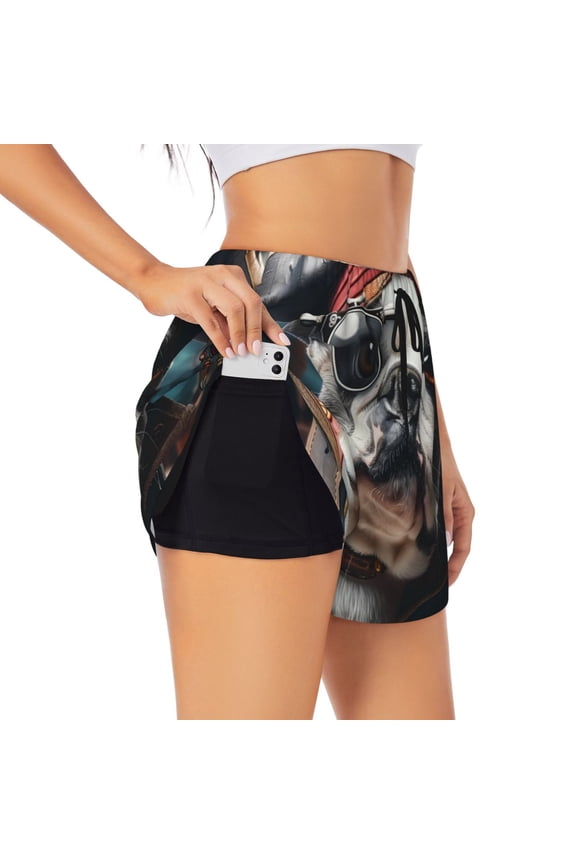 Pirate Bulldog On Deck for Double-layer Running Short for Women, Perfect for Gym, Tennis, and More, Featuring a Convenient Pocket-X-Large
