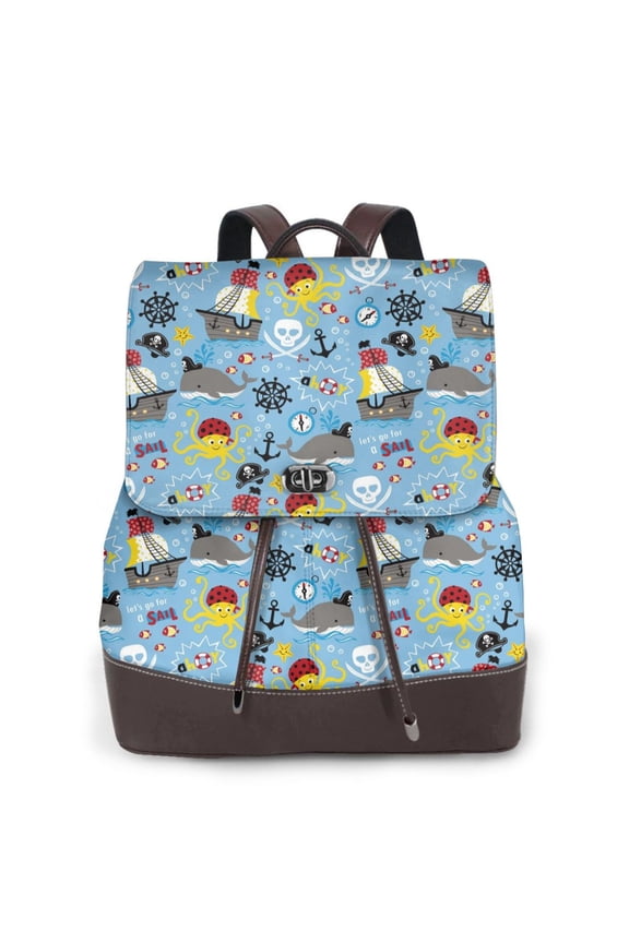 Pirate Marine Animals Print Large Backpack Soft Leather for Women Travel with Compartment, Adjustable Convertible Strap