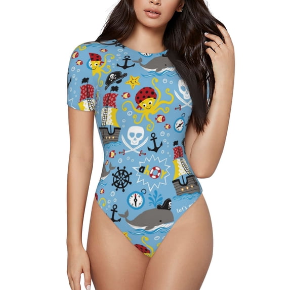 The Xecao Pirate Marine Animals Women's Crew Neck Body Suit, a short-sleeved bodysuit and basic swimsuit, both comfort and style for dating and daily life