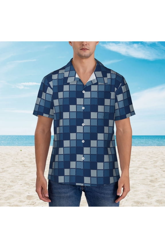 Pixel Grid print Hawaiian shirt - a stylish short-sleeve button-down for men, perfect for casual beach and tropical outings.