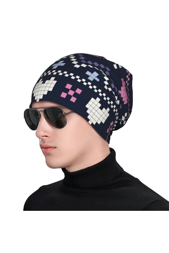 Pixel Heart Winter Print Beanie Knitted Hat for Men Women, Winter Fashion Knit Cuffed Caps Unisex