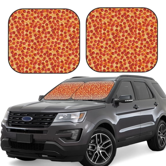 Xecao Pizza for Foldable Car Sun Shades (2-Pack) offer sun protection with an easy-fold design for convenient windshield shading.