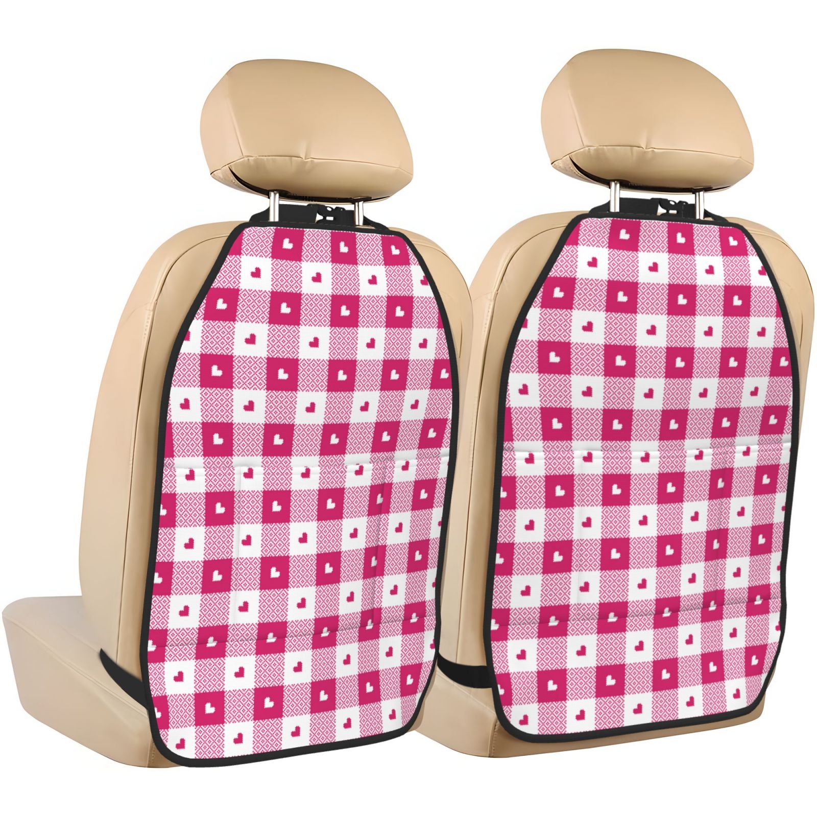 Xecao Plaid Heart Pattern Car Seat Back Protector 2 Pack Large Capacity Pocket, Kick Mats Back Seat Protector