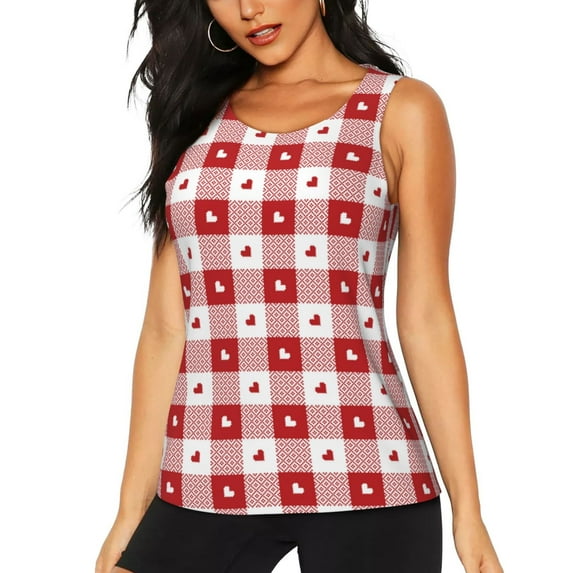 Xecao Plaid Heart print women's scoop neck, loose-fit workout tank tops for the gym.