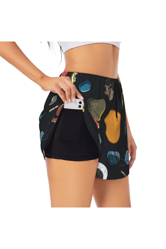 Planets And Their Moons for Double-layer Running Short for Women, Perfect for Gym, Tennis, and More, Featuring a Convenient Pocket-