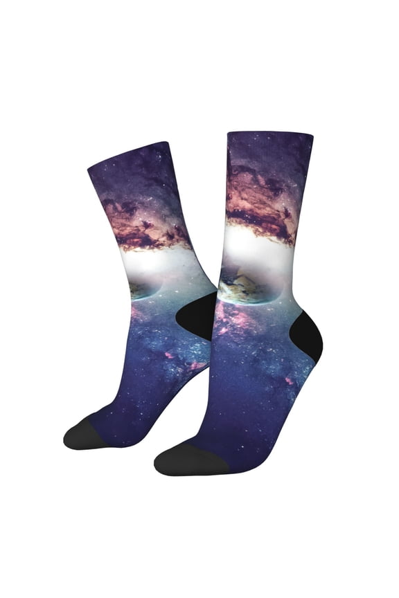 Planets Stars And Galaxies Pattern Sport Socks for Women and Men Crew Socks Sporty Calf Socks Casual Socks
