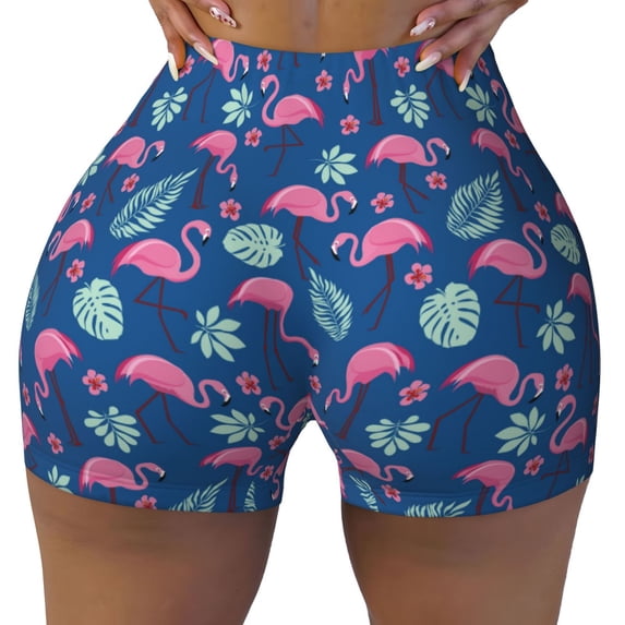 Xecao Plants And Flamingos Print Workout Shorts for Women Soft Smooth Gym Yoga Scrunch Active Tennis Workout Running Shorts