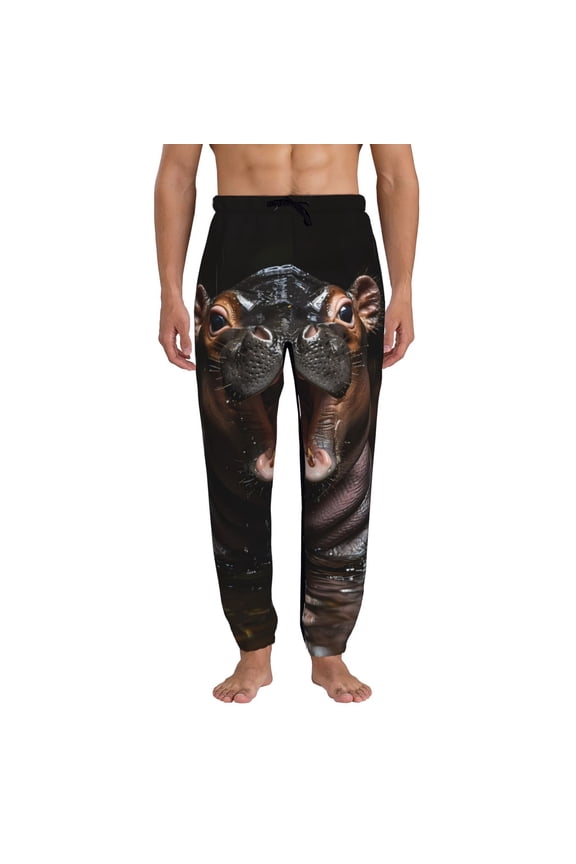 Playful Baby Hippo Splash Print Active Tech Joggers for Men, Mens Sweatpants Lounge Pants with Pockets-Large