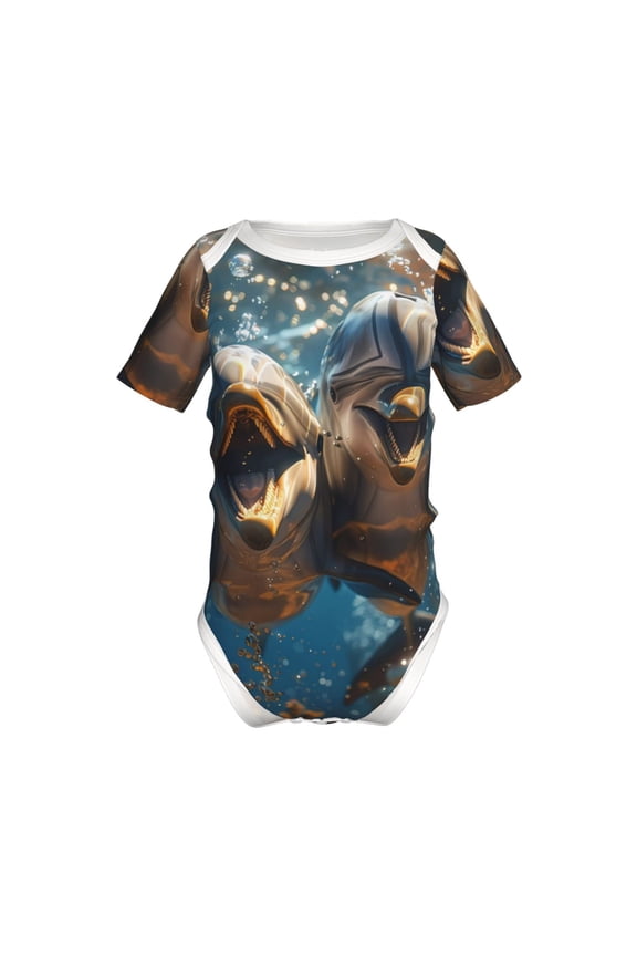 Playful Dolphins Underwater Pattern Baby Climbing Bodysuit Short Sleeve Onesie Unisex 0-12 Months Baby Shirt Newborn Outfits Crotch snap design-