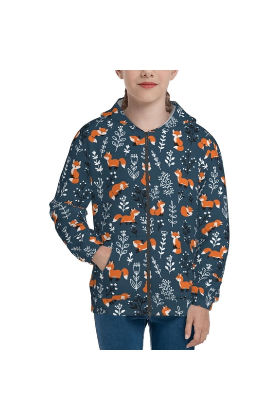 Playful Foxes Forest Blues Pattern Zip Up Hoodies for Boys Girls, Sweatshirt with Pockets-