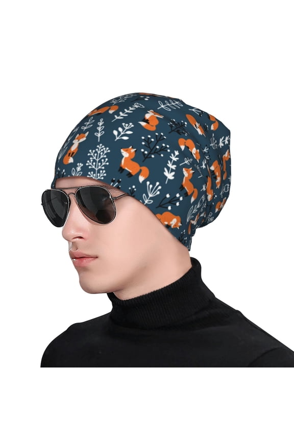Playful Foxes Forest Blues Print Beanie Knitted Hat for Men Women, Winter Fashion Knit Cuffed Caps Unisex