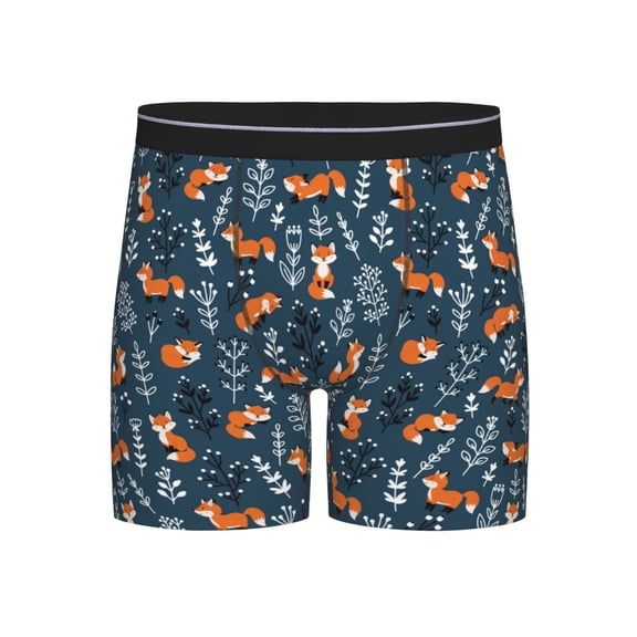 Xecao Playful Foxes Forest Blues Print Boxer Briefs for Men's Stretch Moisture-Wicking Underwear, Mid-Rise Classics breathable fabric