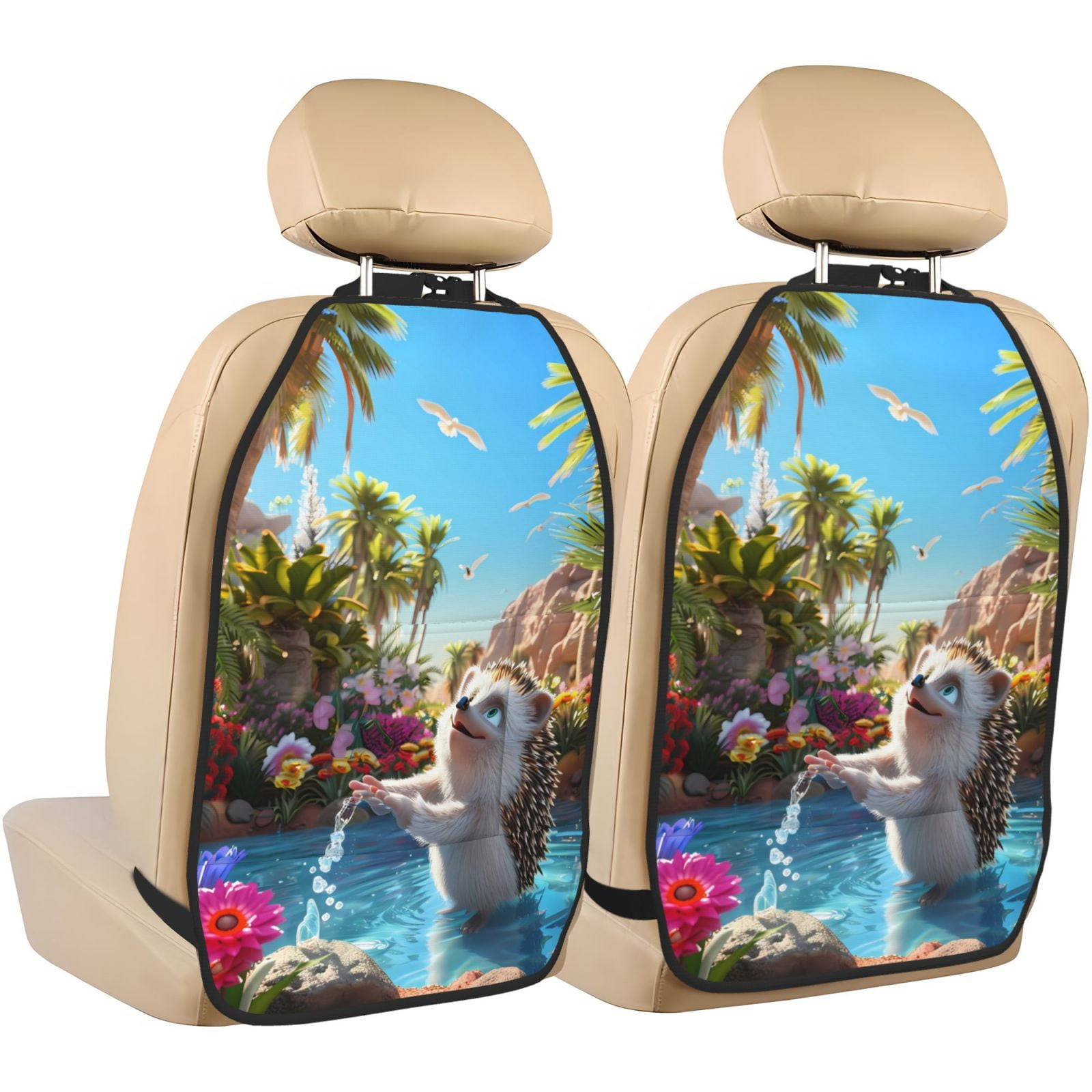 Xecao Playful Hedgehog Forest Pond Pattern Car Seat Back Protector 2 Pack Large Capacity Pocket, Kick Mats Back Seat Protector