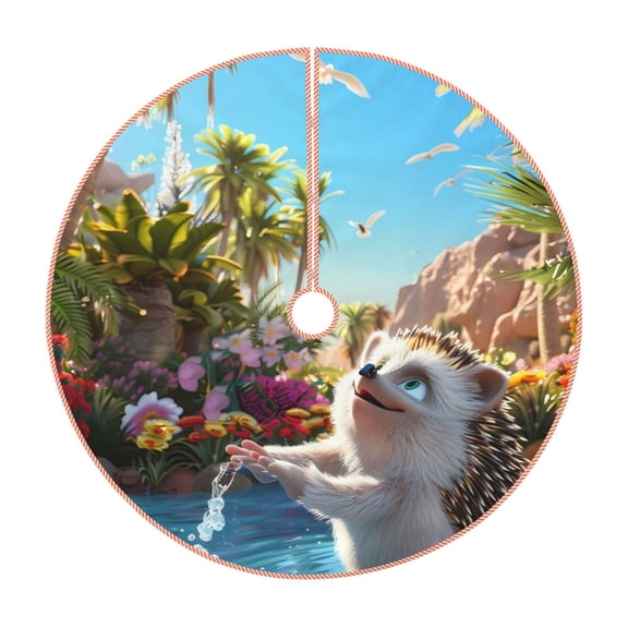 Xecao Playful Hedgehog Forest Pond Pattern Christmas Tree Skirt Round Xmas Tree Mat Base Cover for Holiday Home Decorations-30"