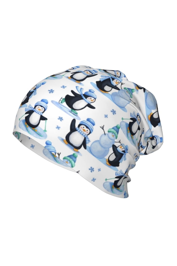 Playful Penguins and Snowmen Print Beanie Hat Toddler Girls Boys, Baby Hats Winter Warm Knitted Thermal, Kids Winter Caps