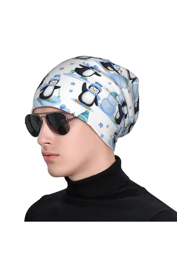 Playful Penguins and Snowmen Print Beanie Knitted Hat for Men Women, Winter Fashion Knit Cuffed Caps Unisex