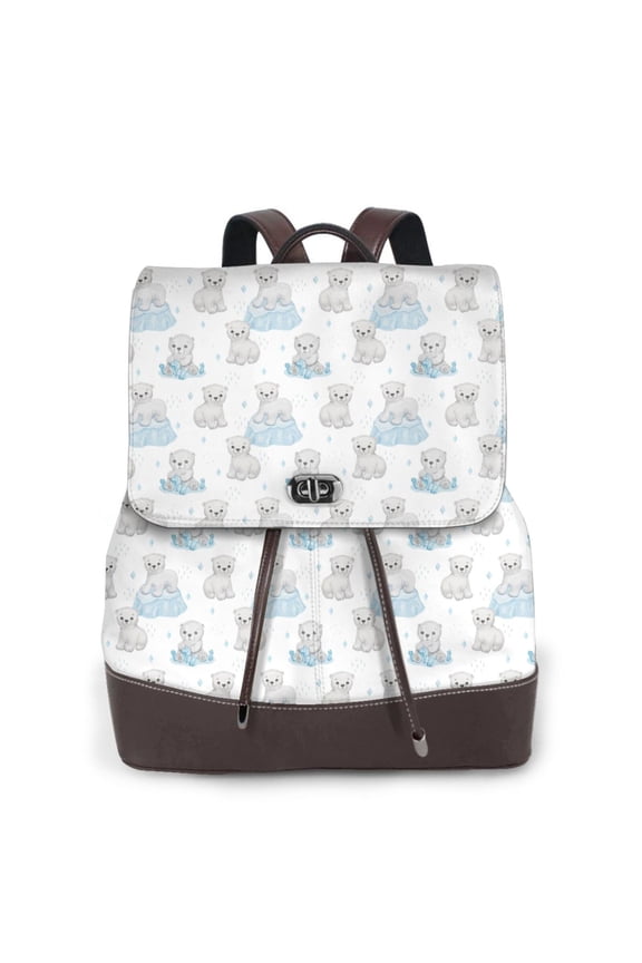 Playful Polar Bear Pals Print Large Backpack Soft Leather for Women Travel with Compartment, Adjustable Convertible Strap