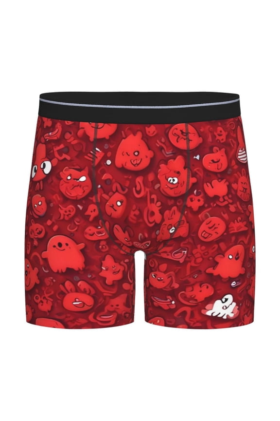 Playful Red Cartoon Faces Print Boxer Briefs for Men's Stretch Moisture-Wicking Underwear, Mid-Rise Classics breathable fabric