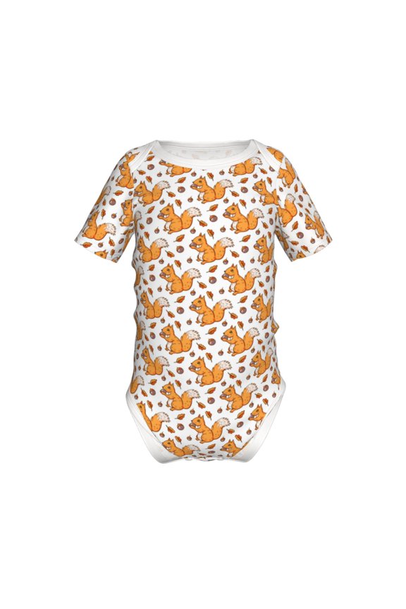 Playful Squirrel Autumn Pattern Baby Climbing Bodysuit Short Sleeve Onesie Unisex 0-12 Months Baby Shirt Newborn Outfits Crotch snap design-6 Months