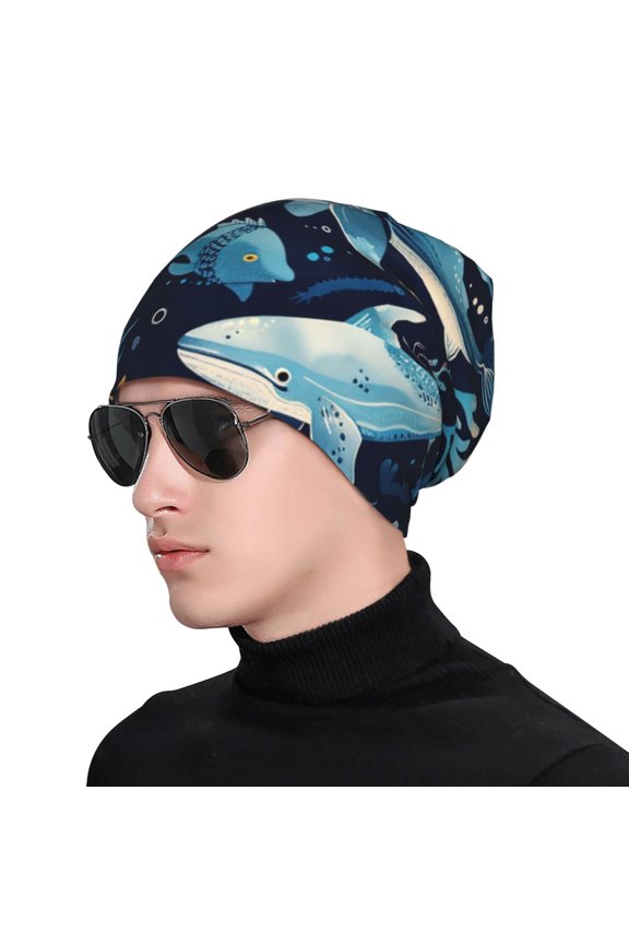 Playful Whales Underwater Scene Print Beanie Knitted Hat for Men Women, Winter Fashion Knit Cuffed Caps Unisex